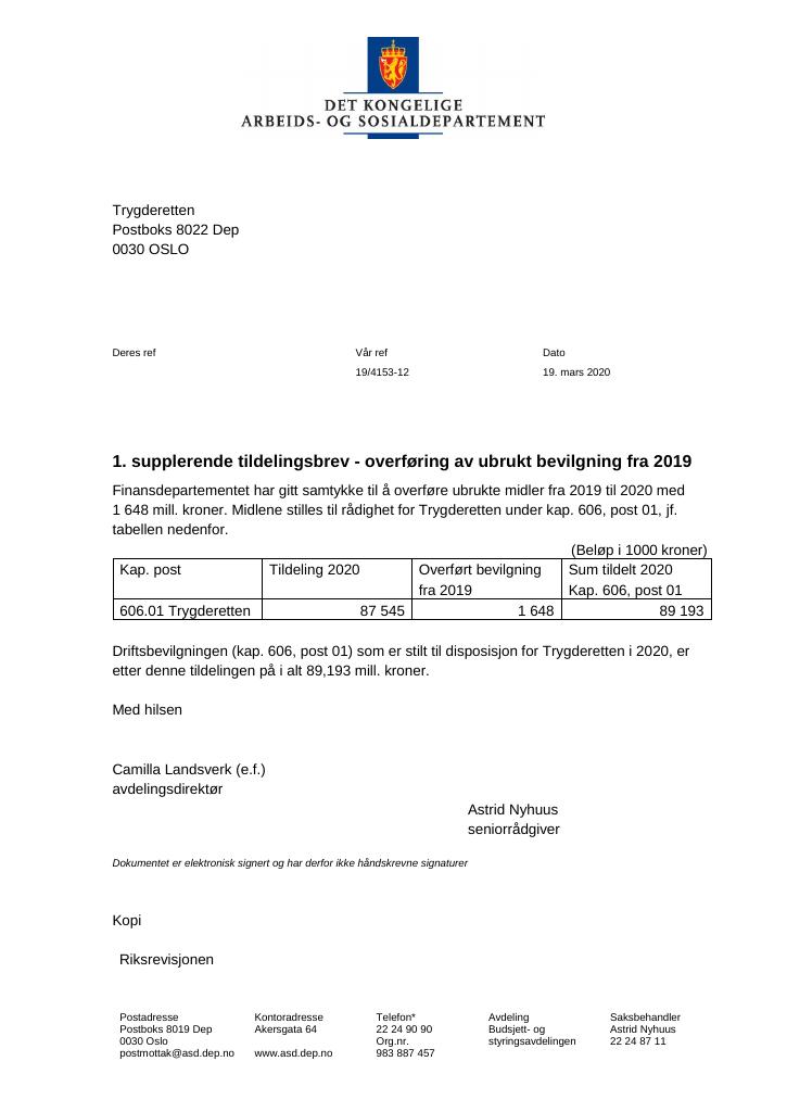 Forsiden av dokumentet Tildelingsbrev Trygderetten 2020 - tillegg nr. 1, nr. 2 og nr. 3