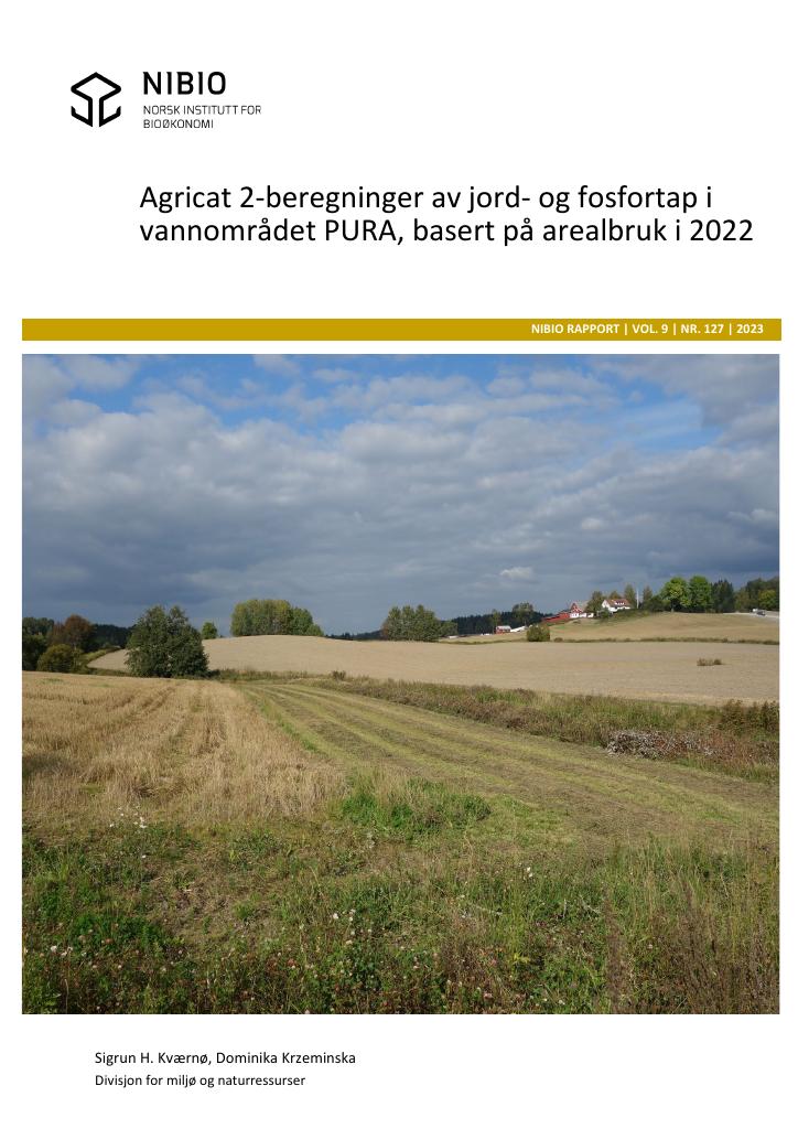 Forsiden av dokumentet Agricat 2-beregninger av jord- og fosfortap i vannområdet PURA, basert på arealbruk i 2022