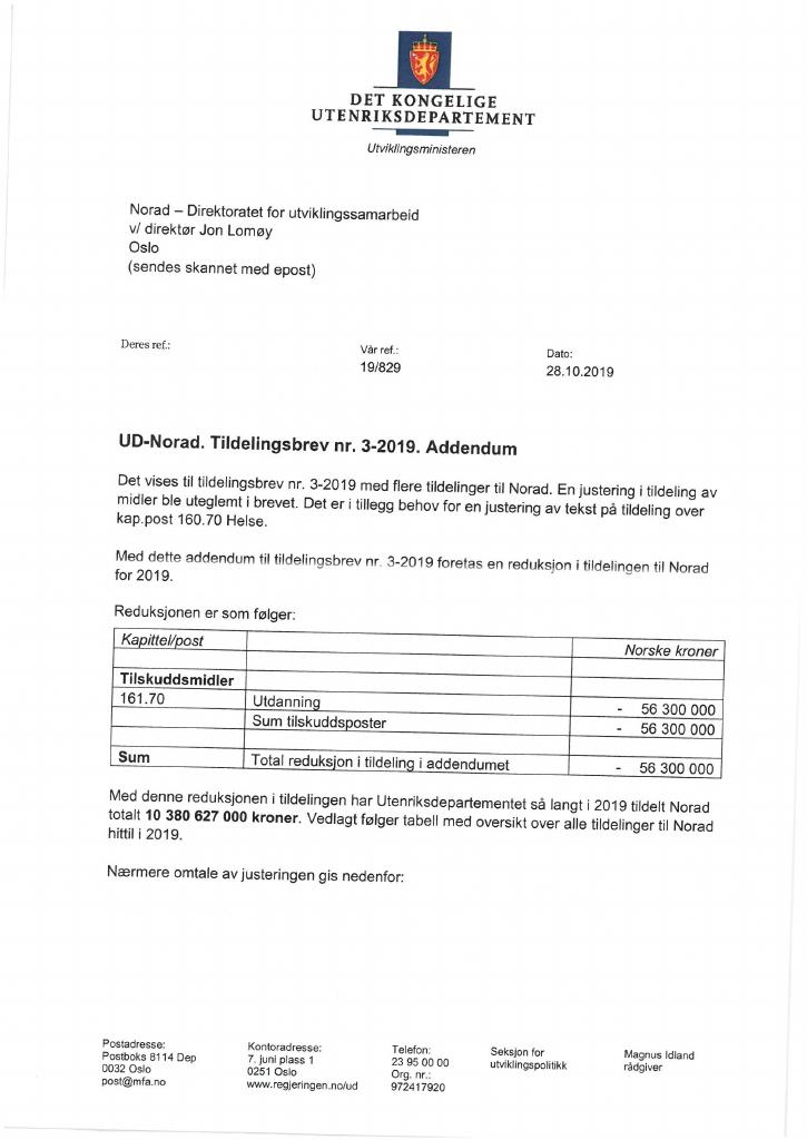 Forsiden av dokumentet Tildelingsbrev Norad 2019 - tillegg nr. 3