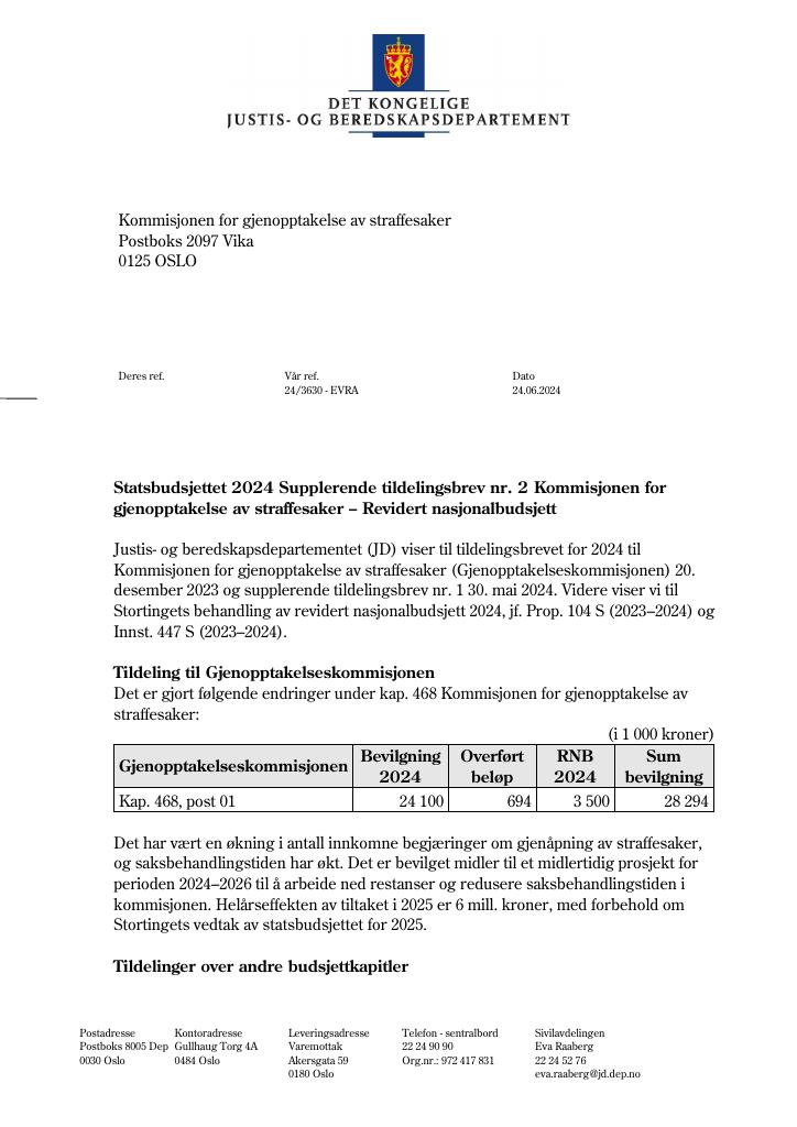 Forsiden av dokumentet Tildelingsbrev Kommisjonen for gjenopptakelse av straffesaker 2024 - tillegg nr. 2