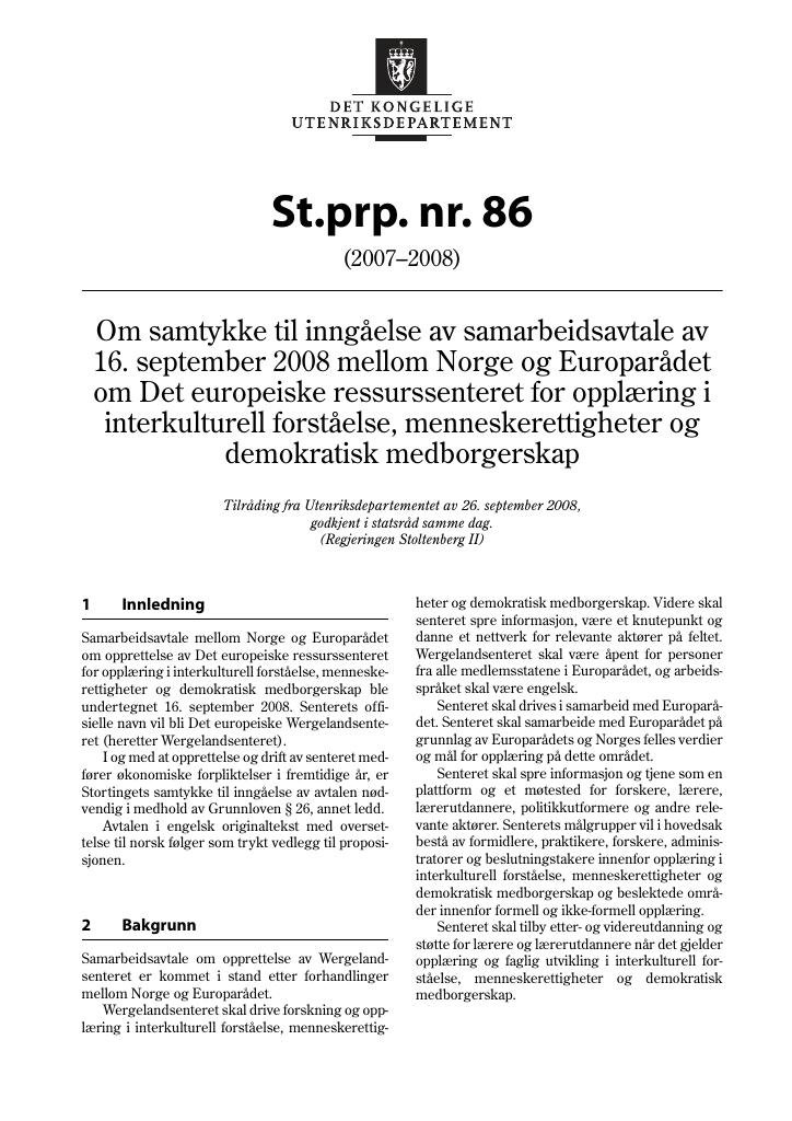 Forsiden av dokumentet St.prp. nr. 86 (2007-2008)