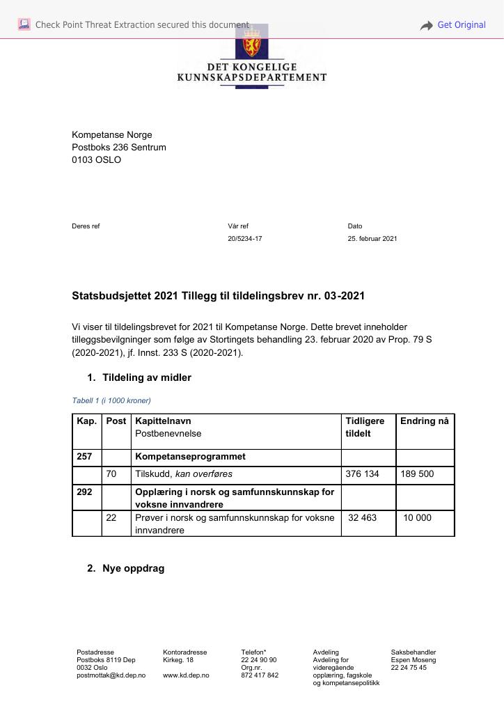 Forsiden av dokumentet Tildelingsbrev Kompetanse Norge 2021 - tillegg nr. 3