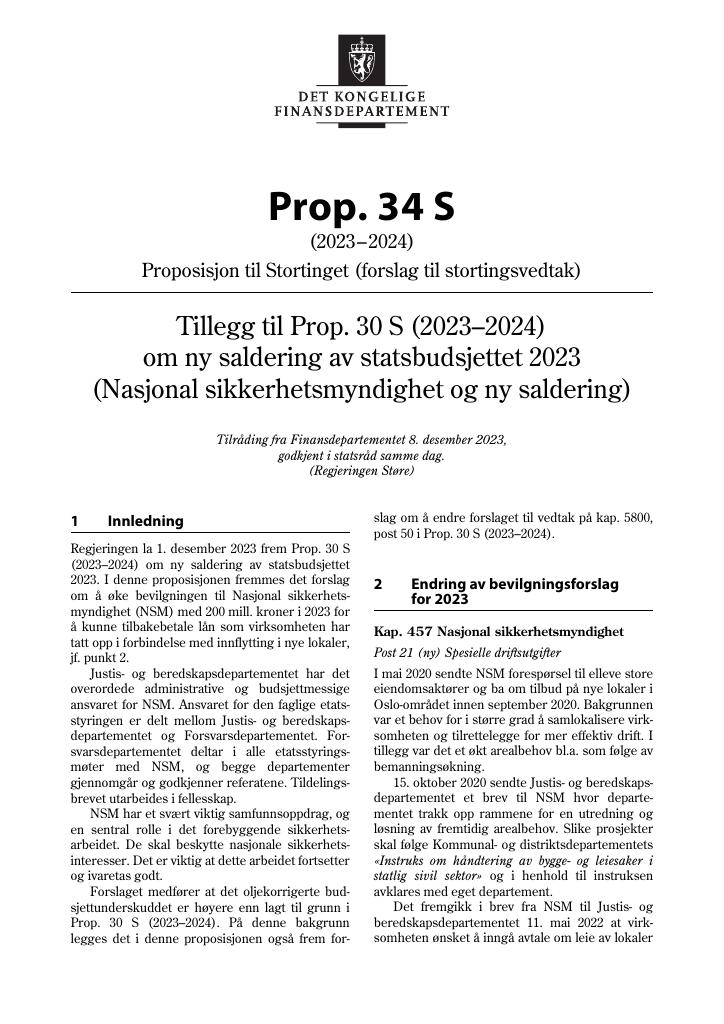 Forsiden av dokumentet Prop. 34 S (2023–2024)