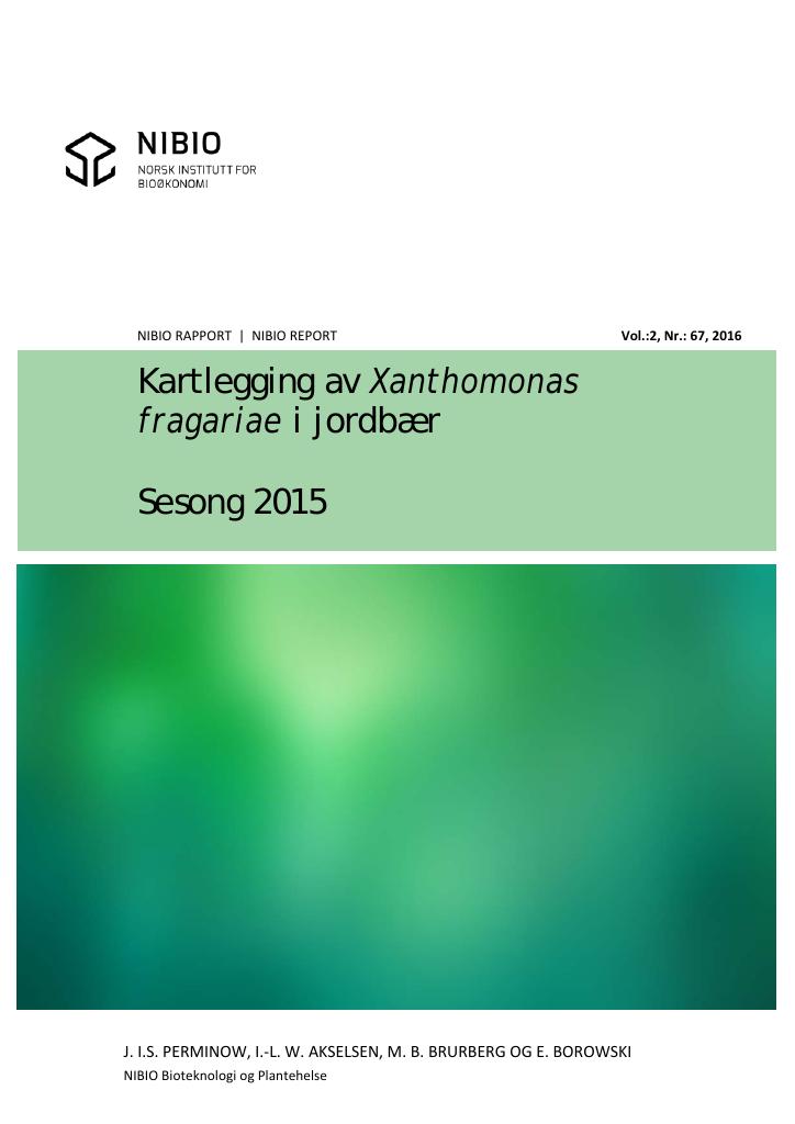Forsiden av dokumentet Kartlegging av Xanthomonas fragariae i jordbær. Sesong 2015