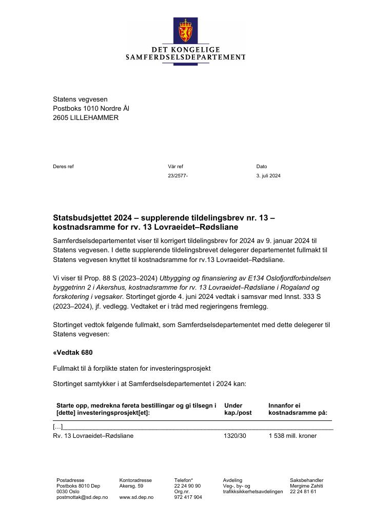 Forsiden av dokumentet Tildelingsbrev Statens vegvesen 2024 - tillegg nr. 13