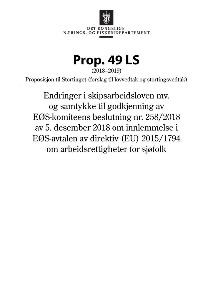 Forsiden av dokumentet Prop. 49 LS (2018–2019)