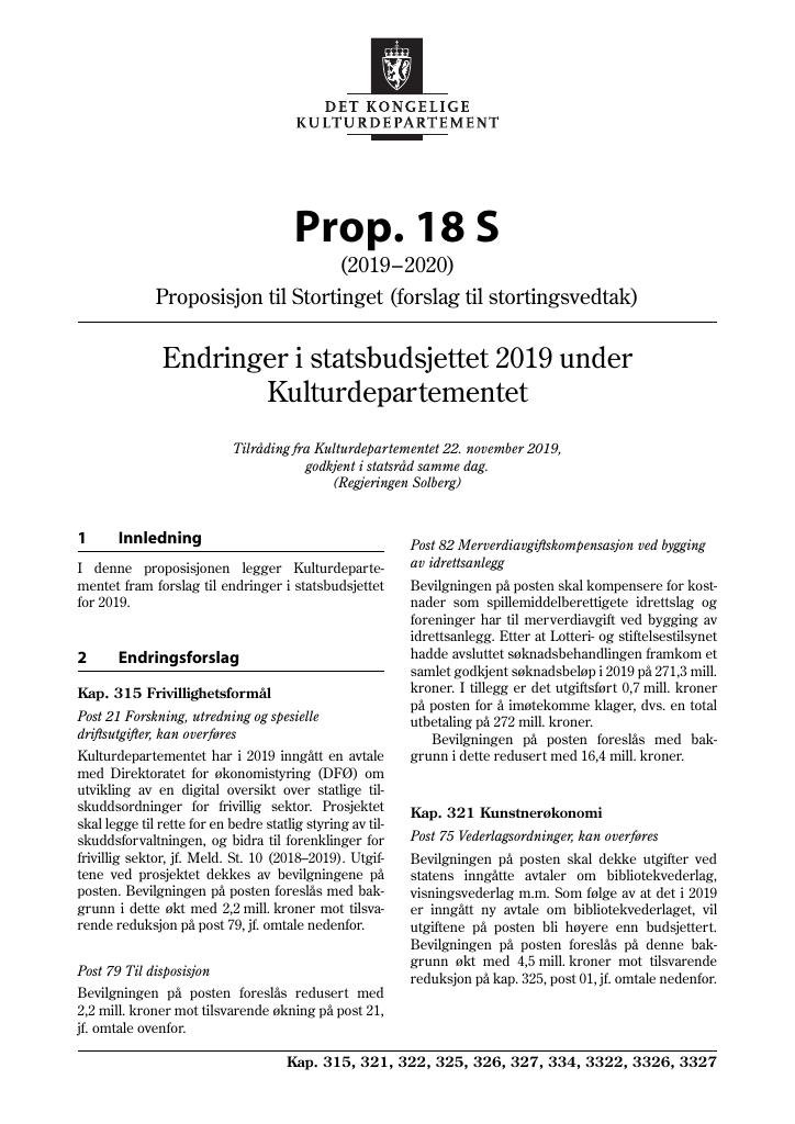 Forsiden av dokumentet Prop. 18 S (2019–2020)