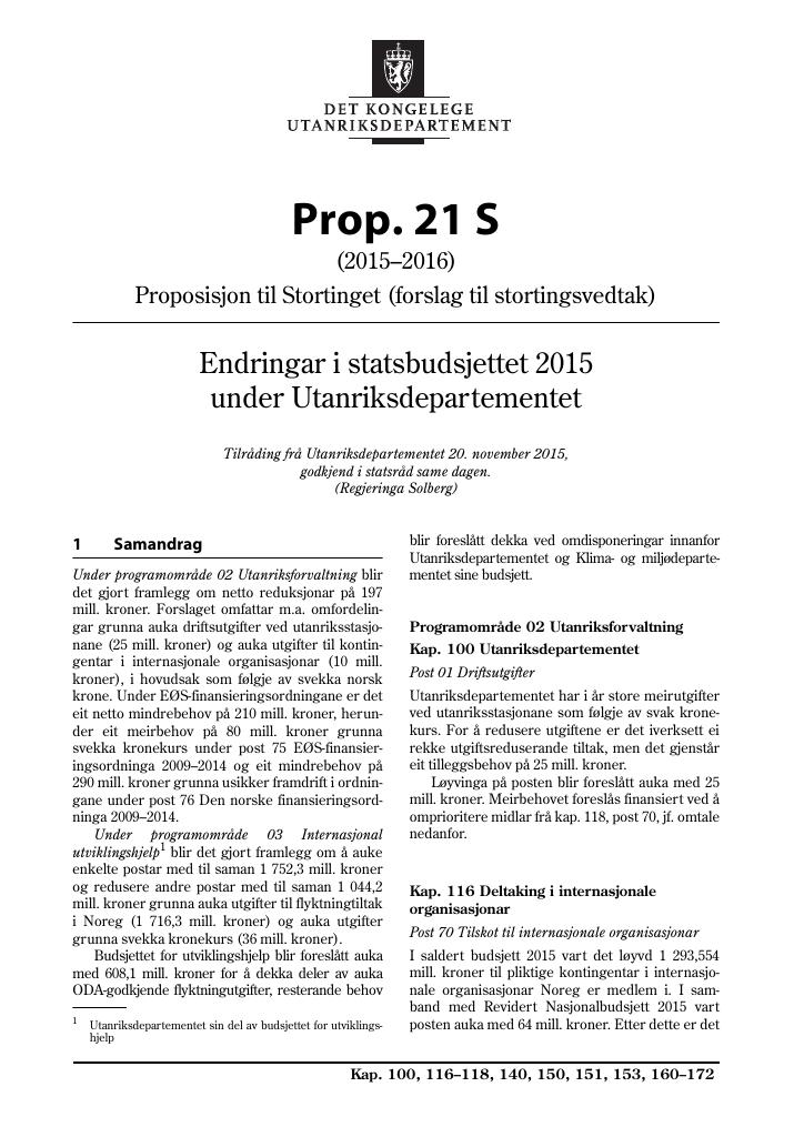 Forsiden av dokumentet Prop. 21 S (2015–2016)