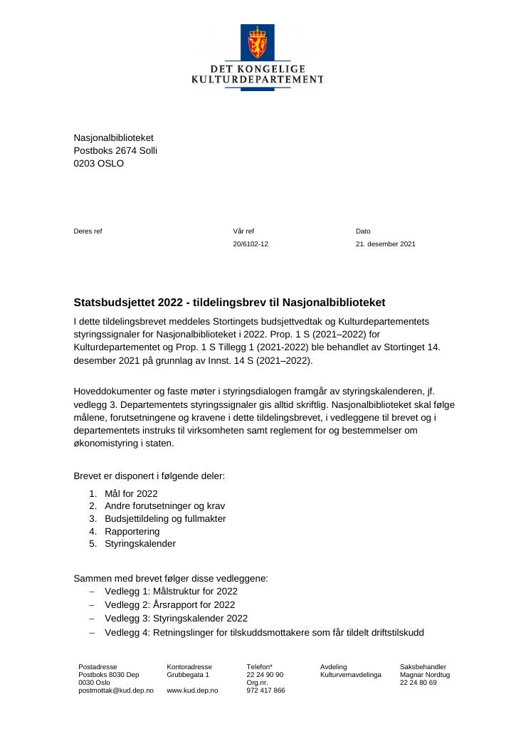 Forsiden av dokumentet Tildelingsbrev Nasjonalbiblioteket 2022