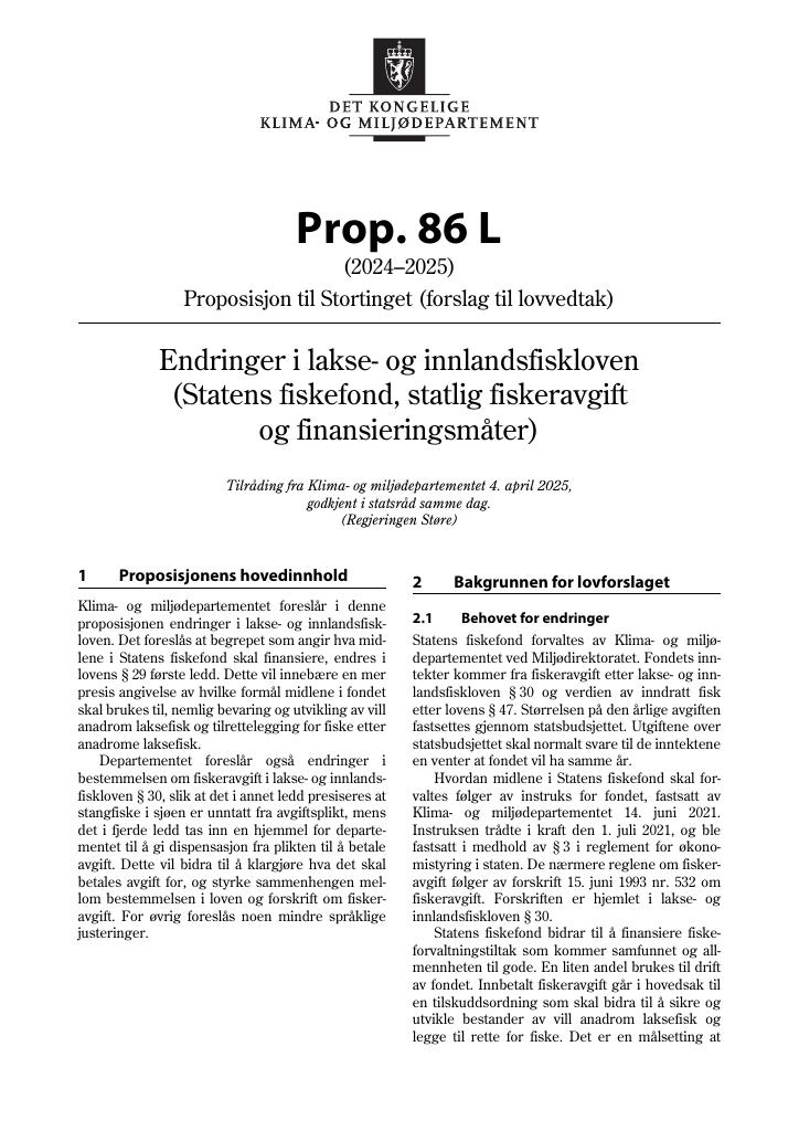 Forsiden av dokumentet Prop. 86 L (2024–2025)