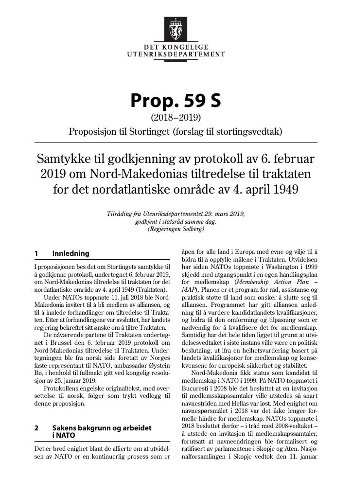 Forsiden av dokumentet Prop. 59 S (2018–2019)