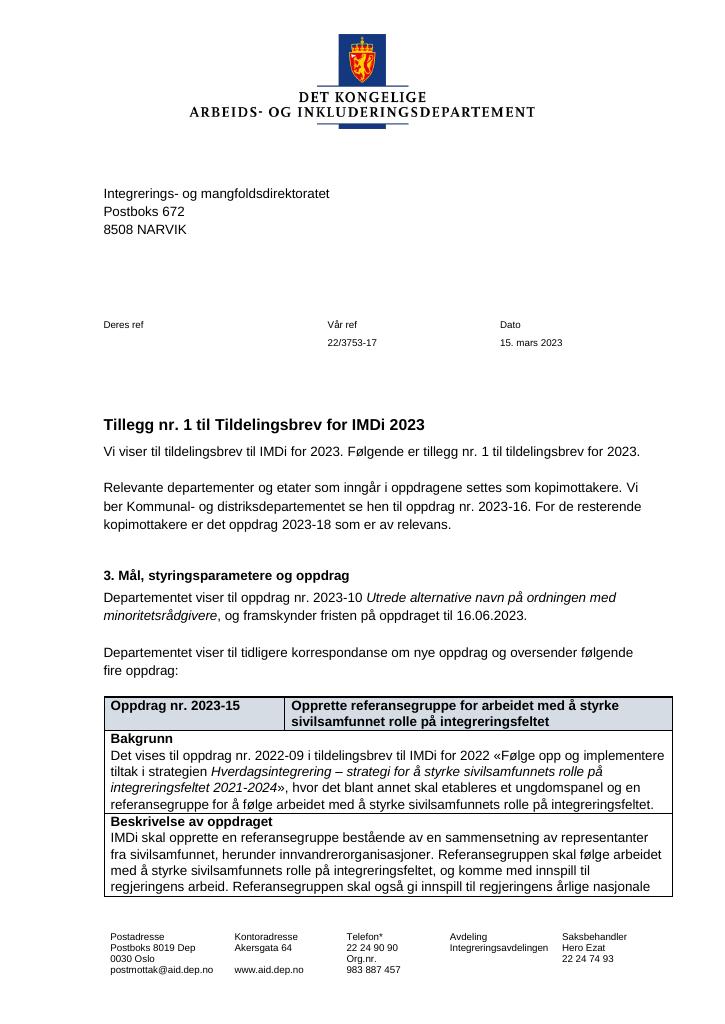 Forsiden av dokumentet Tildelingsbrev Integrerings- og mangfoldsdirektoratet (IMDi) 2023 - tillegg nr. 1