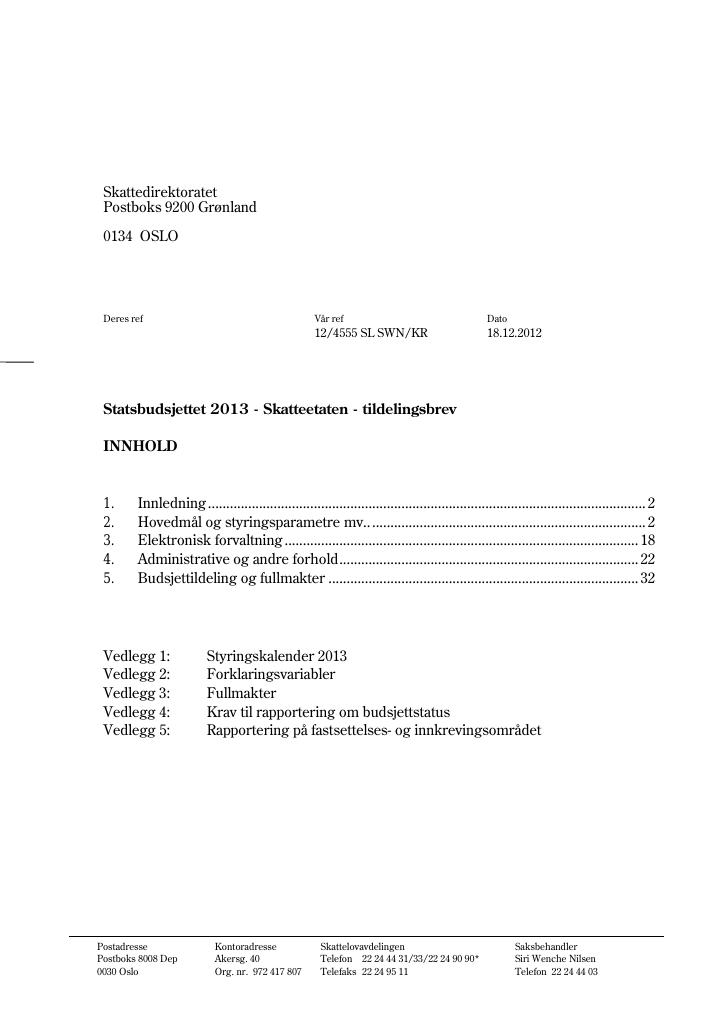 Forsiden av dokumentet Tildelingsbrev