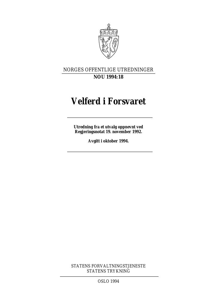 Forsiden av dokumentet NOU 1994: 18 - Velferd i Forsvaret