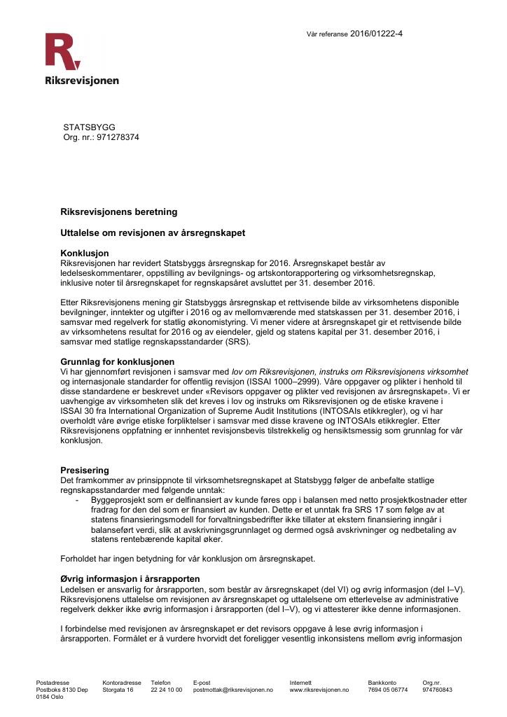 Forsiden av dokumentet Revisjonsberetning Statsbygg 2016
