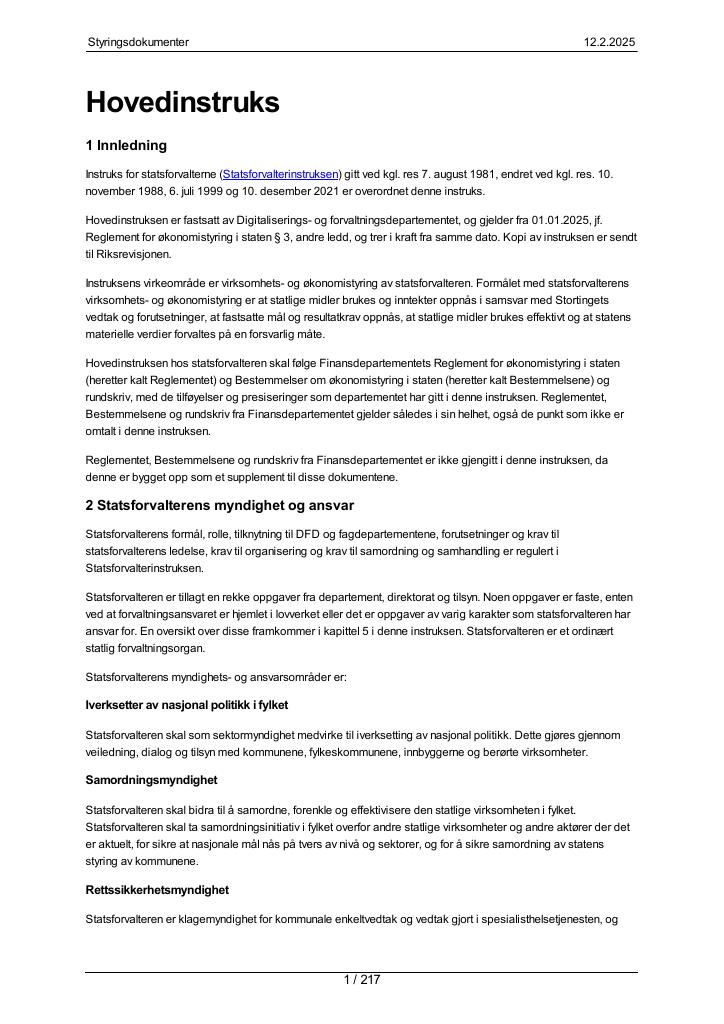 Forsiden av dokumentet Hovedinstruks Statsforvalterne 2025