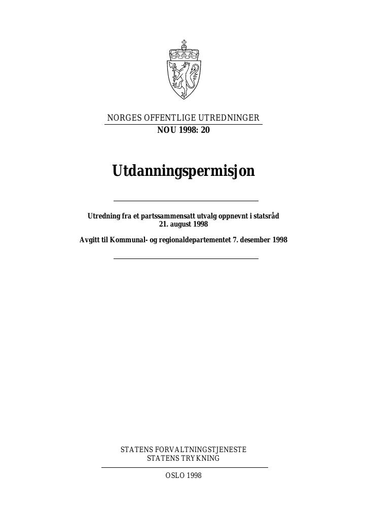 Forsiden av dokumentet NOU 1998: 20 - Utdanningspermisjon