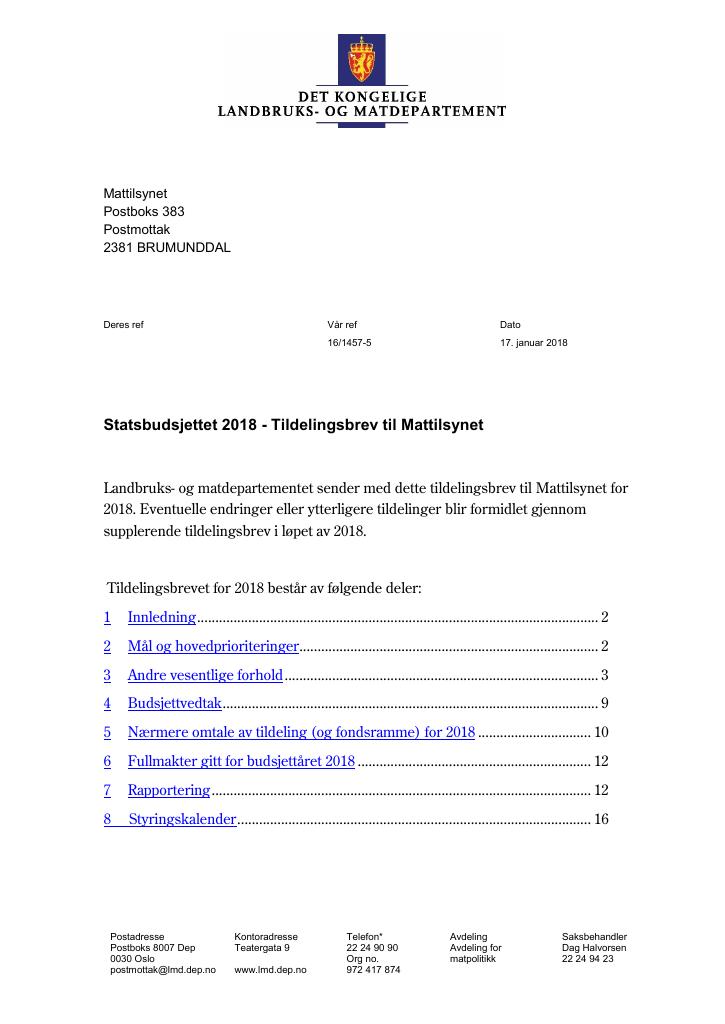 Forsiden av dokumentet Tildelingsbrev Mattilsynet 2018