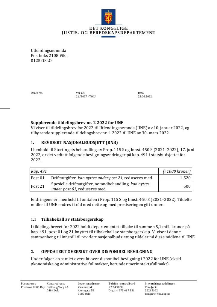 Forsiden av dokumentet Tildelingsbrev Utlendingsnemnda 2022 - tillegg nr. 2