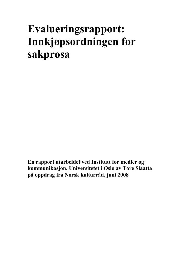 Forsiden av dokumentet Evalueringsrapport: innkjøpsordningen for sakprosa