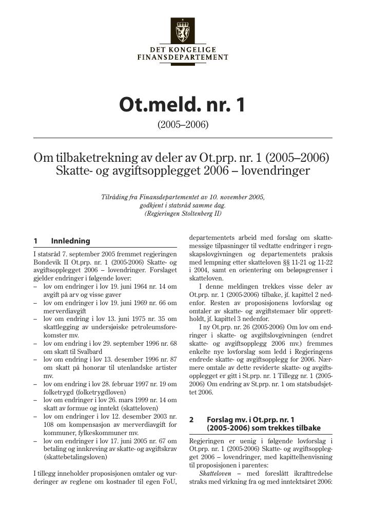 Forsiden av dokumentet Ot.meld. nr. 1 (2005-2006)