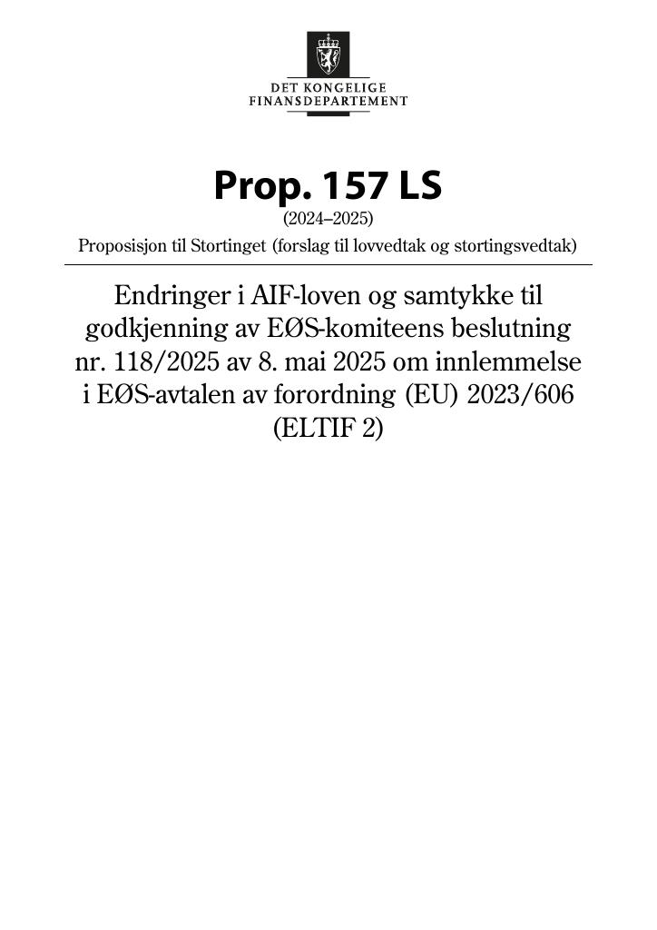 Forsiden av dokumentet Prop. 157 LS (2024–2025)