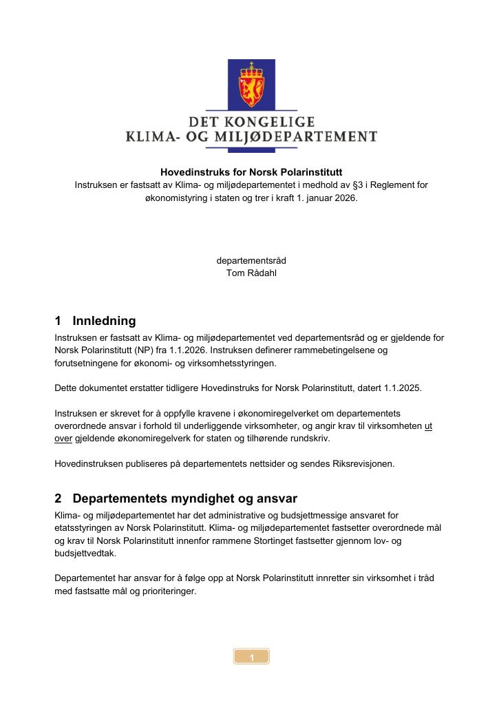 Forsiden av dokumentet Hovedinstruks Norsk Polarinstitutt