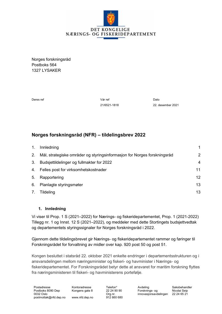 Forsiden av dokumentet Tildelingsbrev Norges forskningsråd 2022