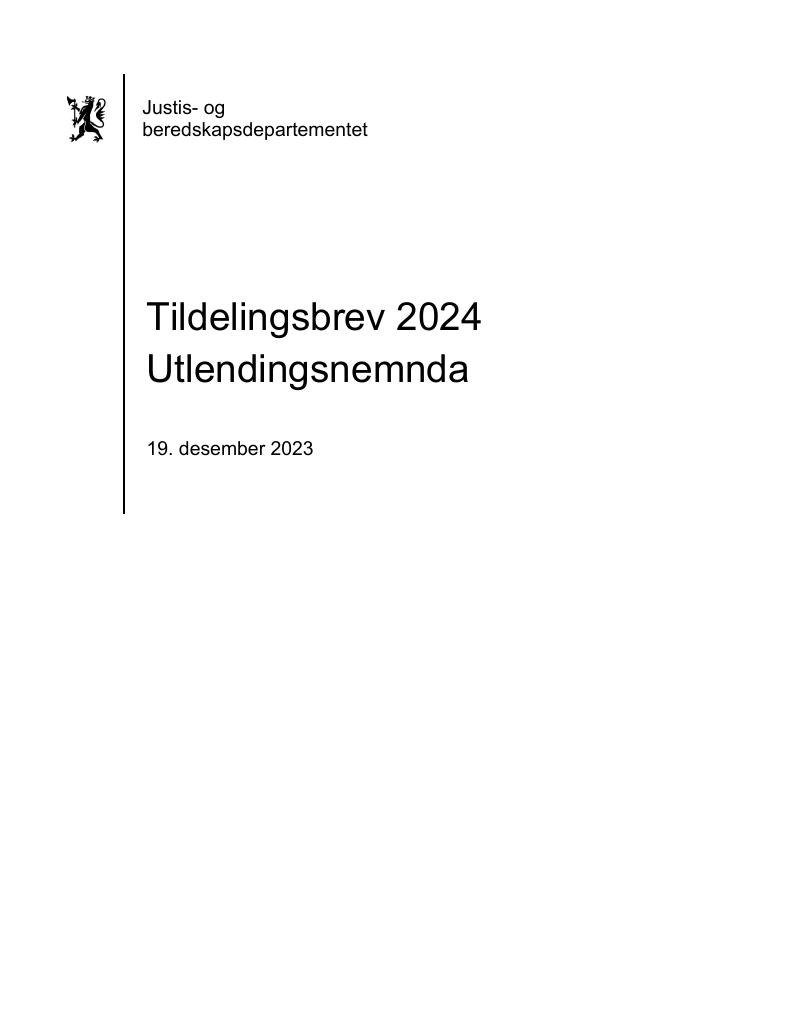 Forsiden av dokumentet Tildelingsbrev Utlendingsnemnda 2024