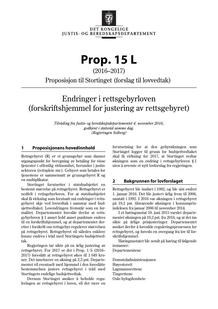 Forsiden av dokumentet Prop. 15 L (2016–2017)