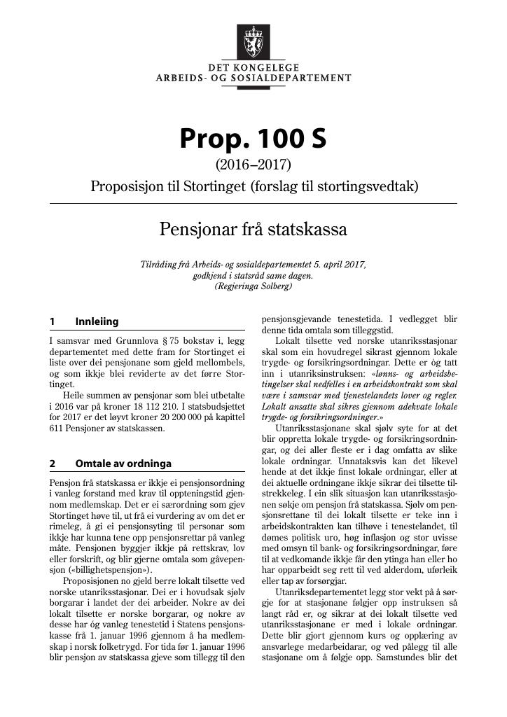 Forsiden av dokumentet Prop. 100 S (2016–2017)