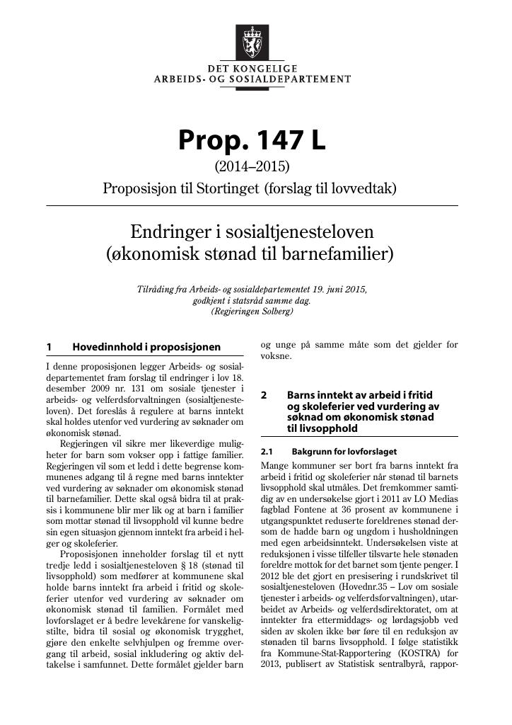 Forsiden av dokumentet Prop. 147 L (2014–2015)