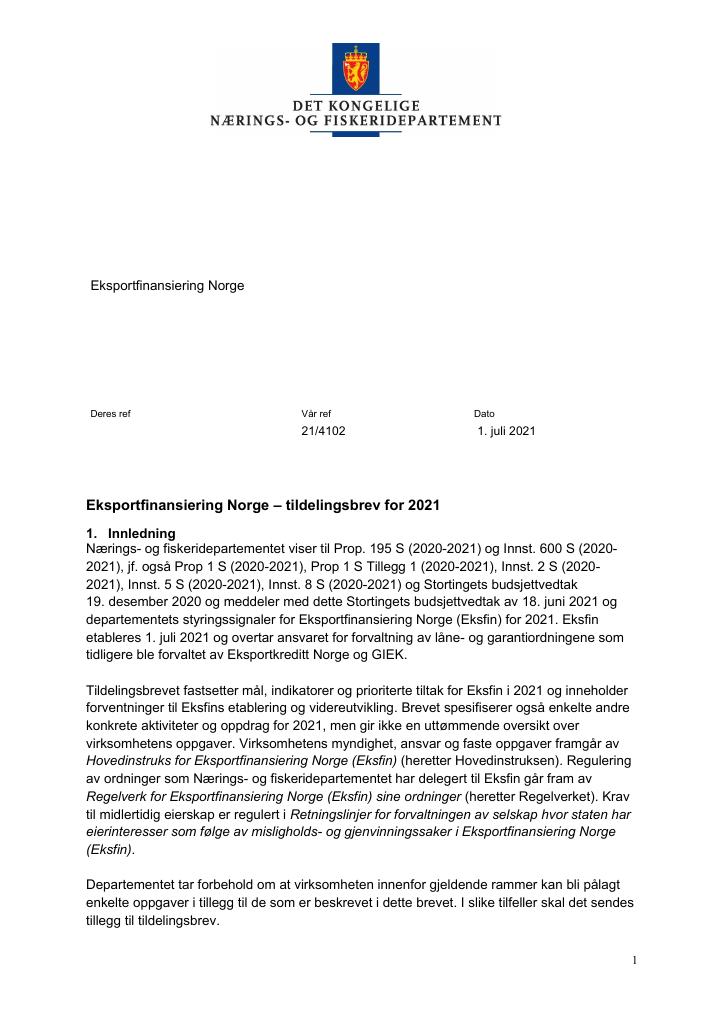 Forsiden av dokumentet Tildelingsbrev Eksportfinansiering Norge 2021