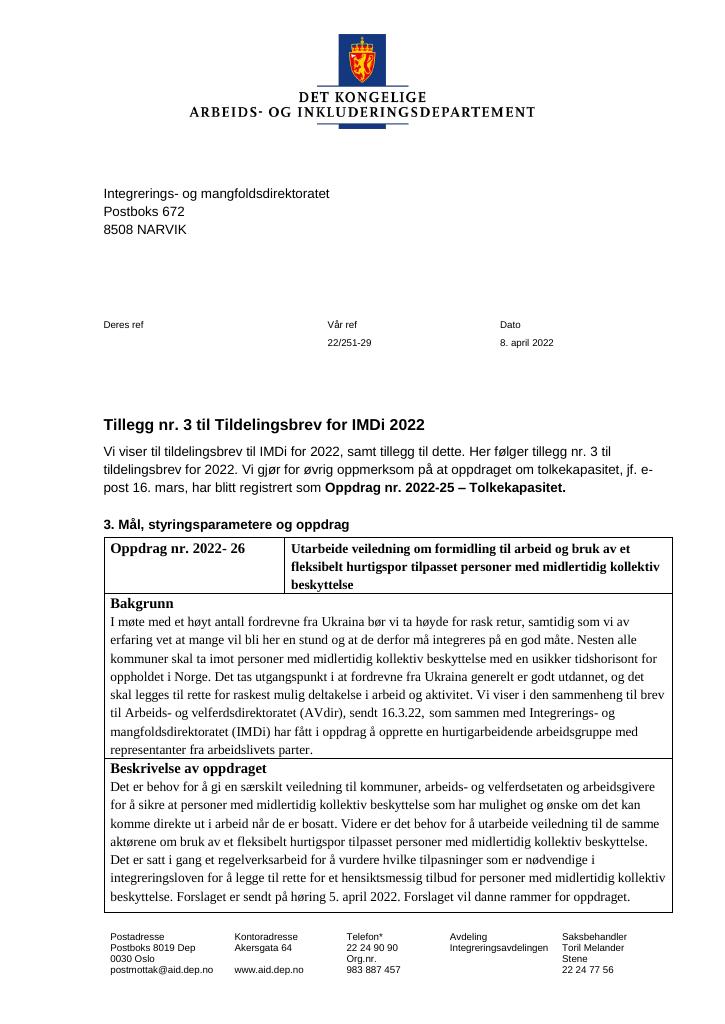 Forsiden av dokumentet Tildelingsbrev Integrerings- og mangfoldsdirektoratet (IMDi) 2022 - tillegg nr. 3