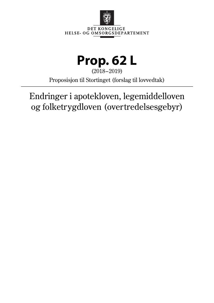 Forsiden av dokumentet Prop. 62 L (2018–2019)