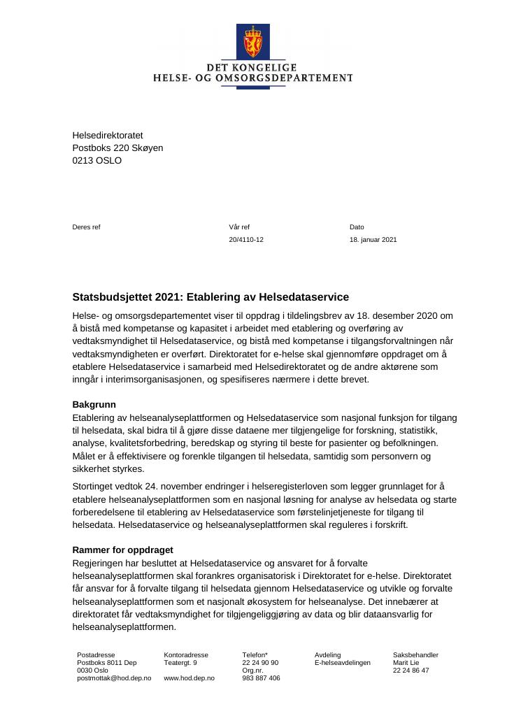 Forsiden av dokumentet supplerende - om etablering av helsedataservice