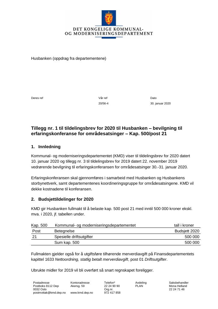 Forsiden av dokumentet Tillegg nr 1 til tildelingsbrev Husbanken 2020 (pdf)