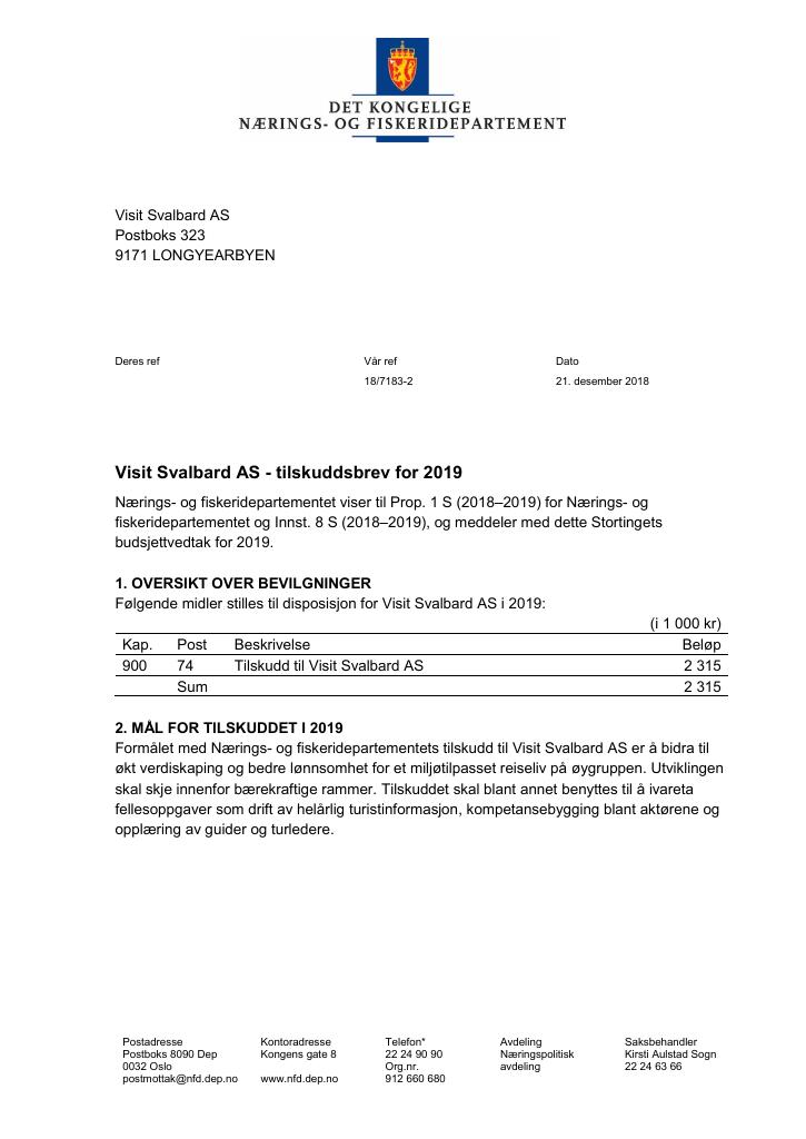 Forsiden av dokumentet Tilskuddsbrev