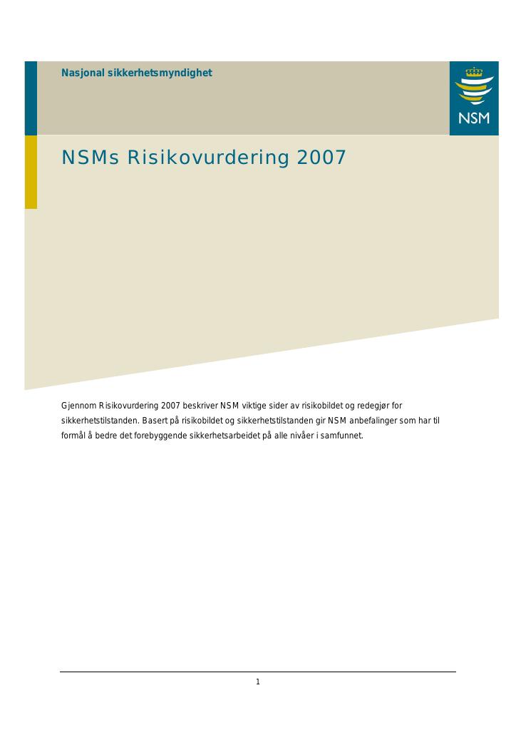 Forsiden av dokumentet NSMs Risikovurdering 2007