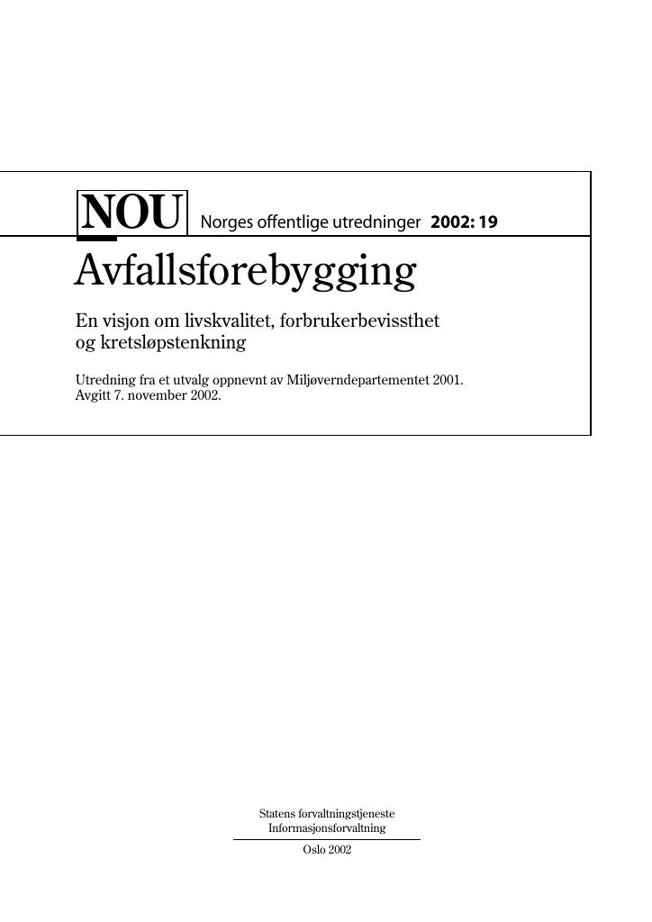 Forsiden av dokumentet NOU 2002: 19 - Avfallsforebygging