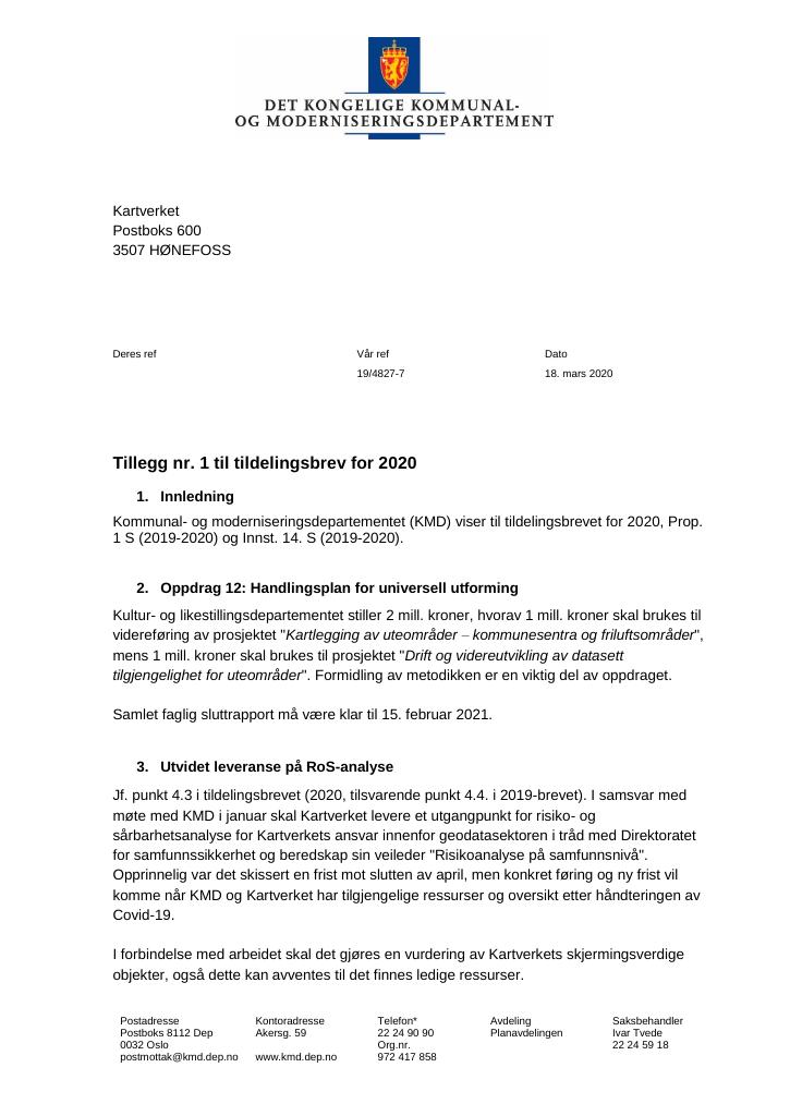 Forsiden av dokumentet Tilleggsbrev Kartverket 2020 - tillegg nr. 1