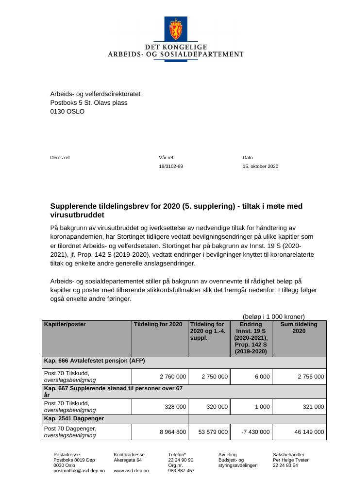 Forsiden av dokumentet Tildelingsbrev Arbeids- og velferdsdirektoratet 2020 - tillegg nr. 5