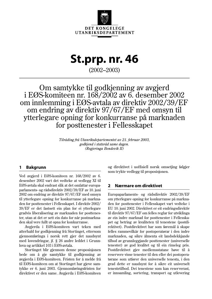 Forsiden av dokumentet St.prp. nr. 46 (2002-2003)