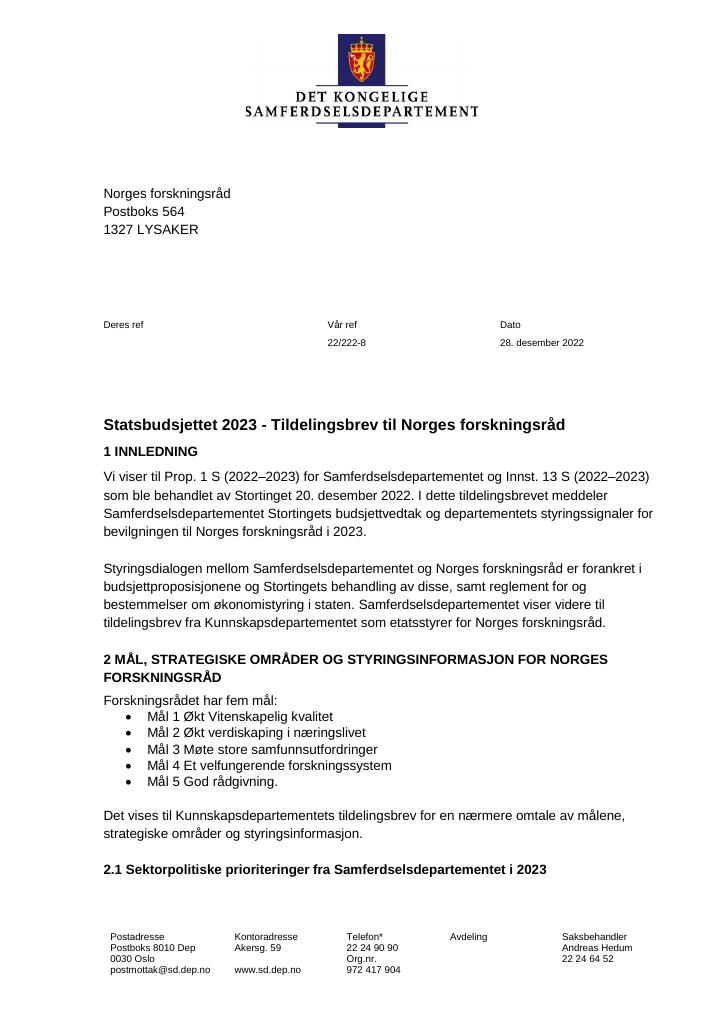 Forsiden av dokumentet Tildelingsbrev Norges forskningsråd 2023