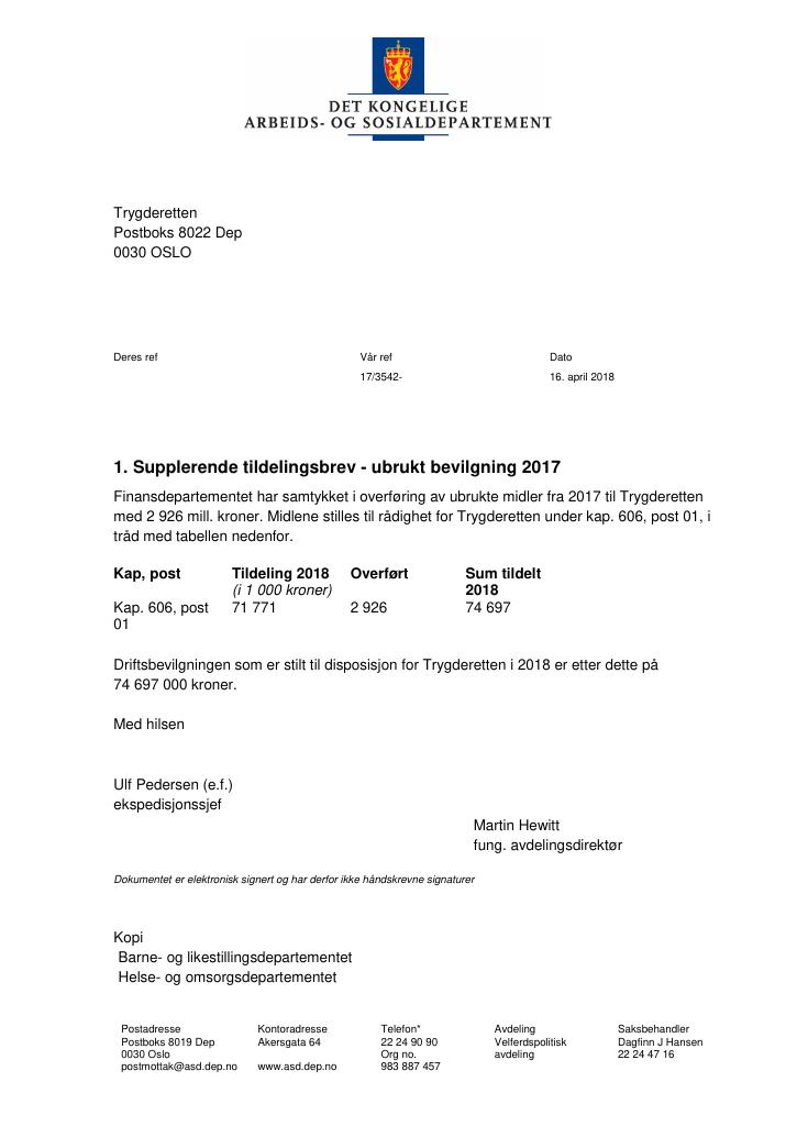 Forsiden av dokumentet Tildelingsbrev Trygderetten 2018 - tillegg nr. 1, nr. 2, nr. 3 og nr. 4