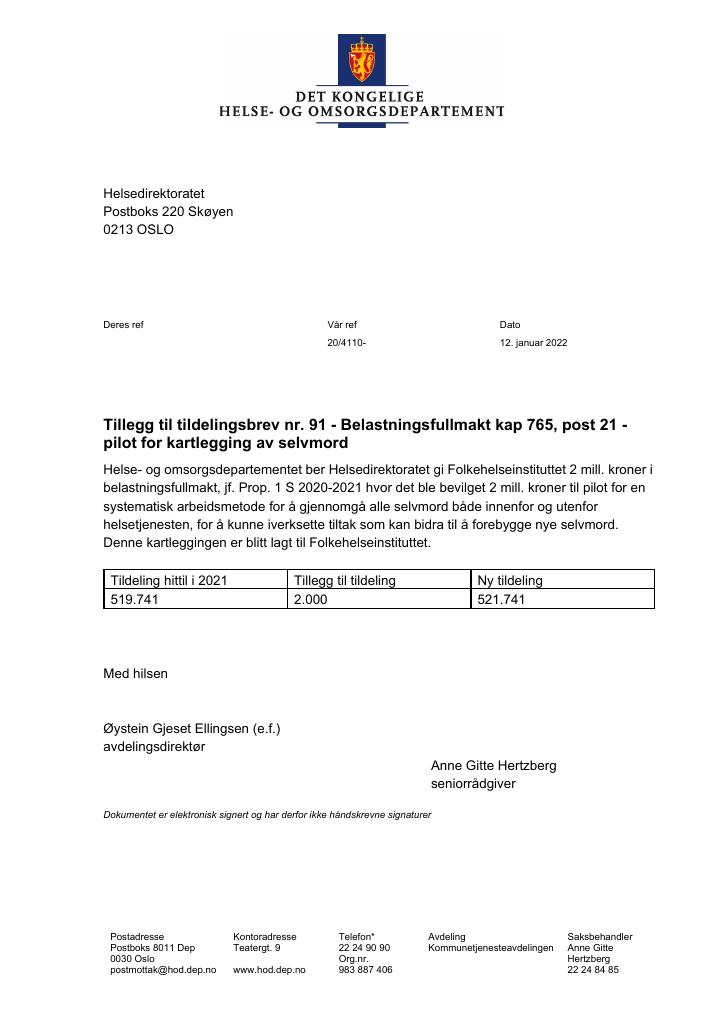 Forsiden av dokumentet Tildelingsbrev Helsedirektoratet 2021 - tillegg nr. 91