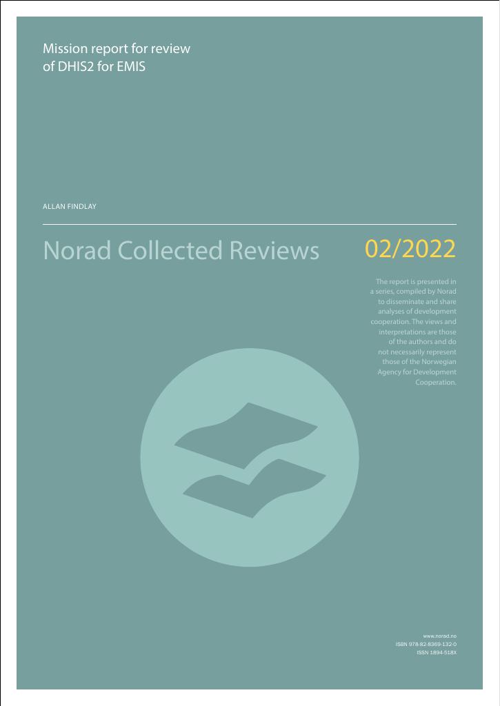 Forsiden av dokumentet Mission report for review of DHIS2 for EMIS : Desentralisert evaluering/Norad Collected Reviews 2/2022