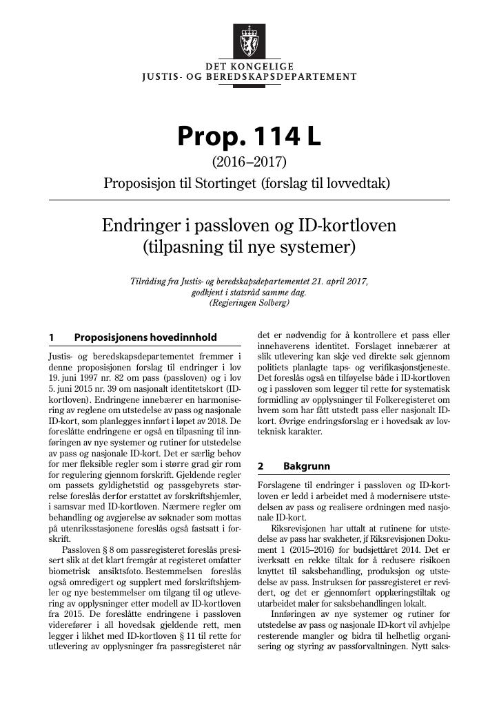 Forsiden av dokumentet Prop. 114 L (2016–2017)