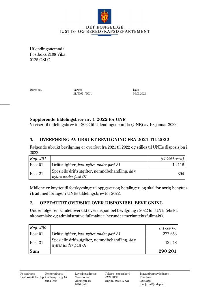 Forsiden av dokumentet Tildelingsbrev Utlendingsnemnda 2022 - tillegg nr. 1