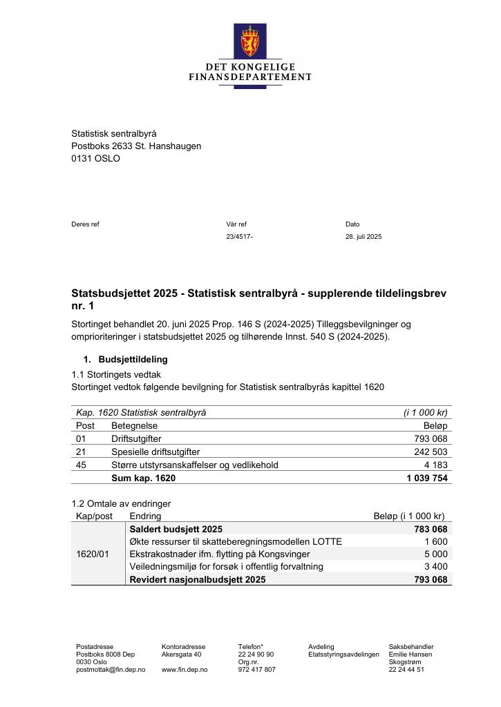 Forsiden av dokumentet Tildelingsbrev Statistisk sentralbyrå 2025 - tillegg nr. 1